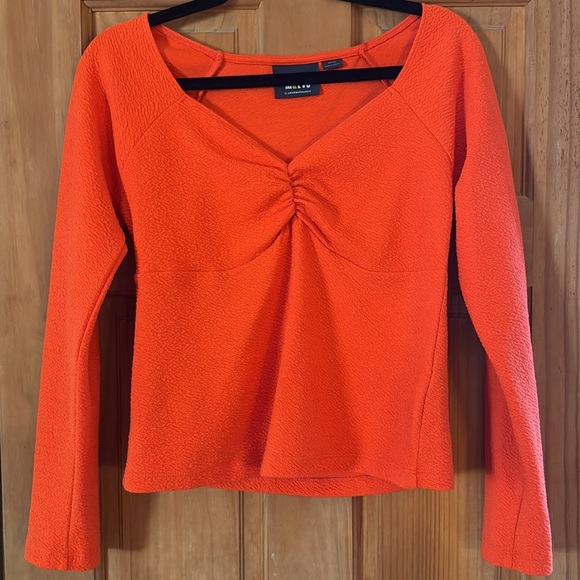 MAEVE by Anthropologie Textured Ruched Sweetheart Long Sleeve Top Orange Size M - Picture 4 of 8